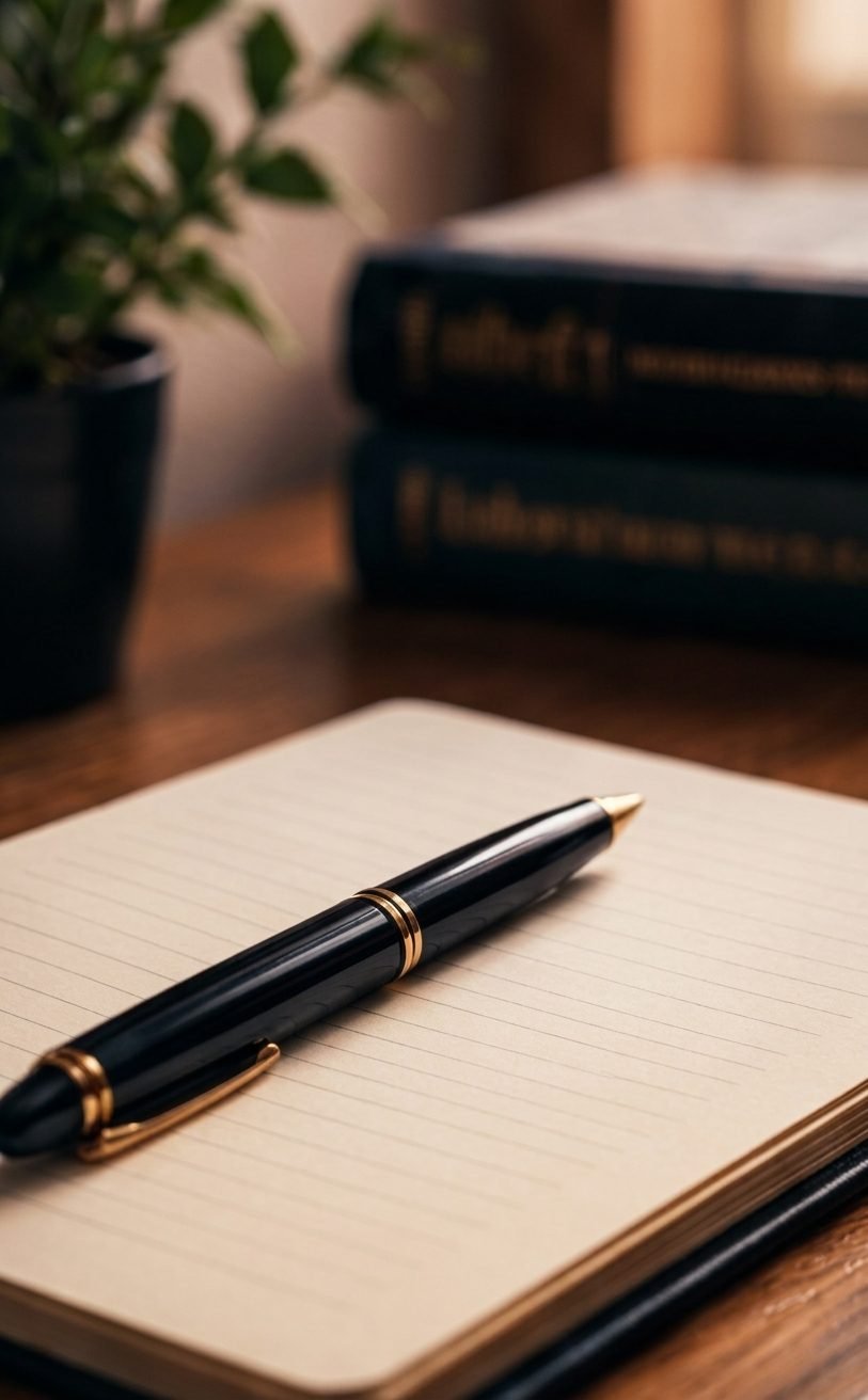 A fountain pen resting on an open notebook on the author's writing desk