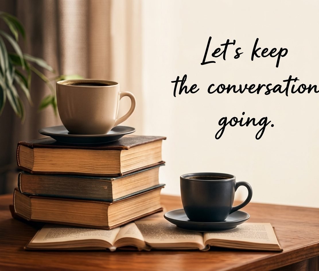 Coffee cups on a stack of books with the words: Let's keep the conversation going.